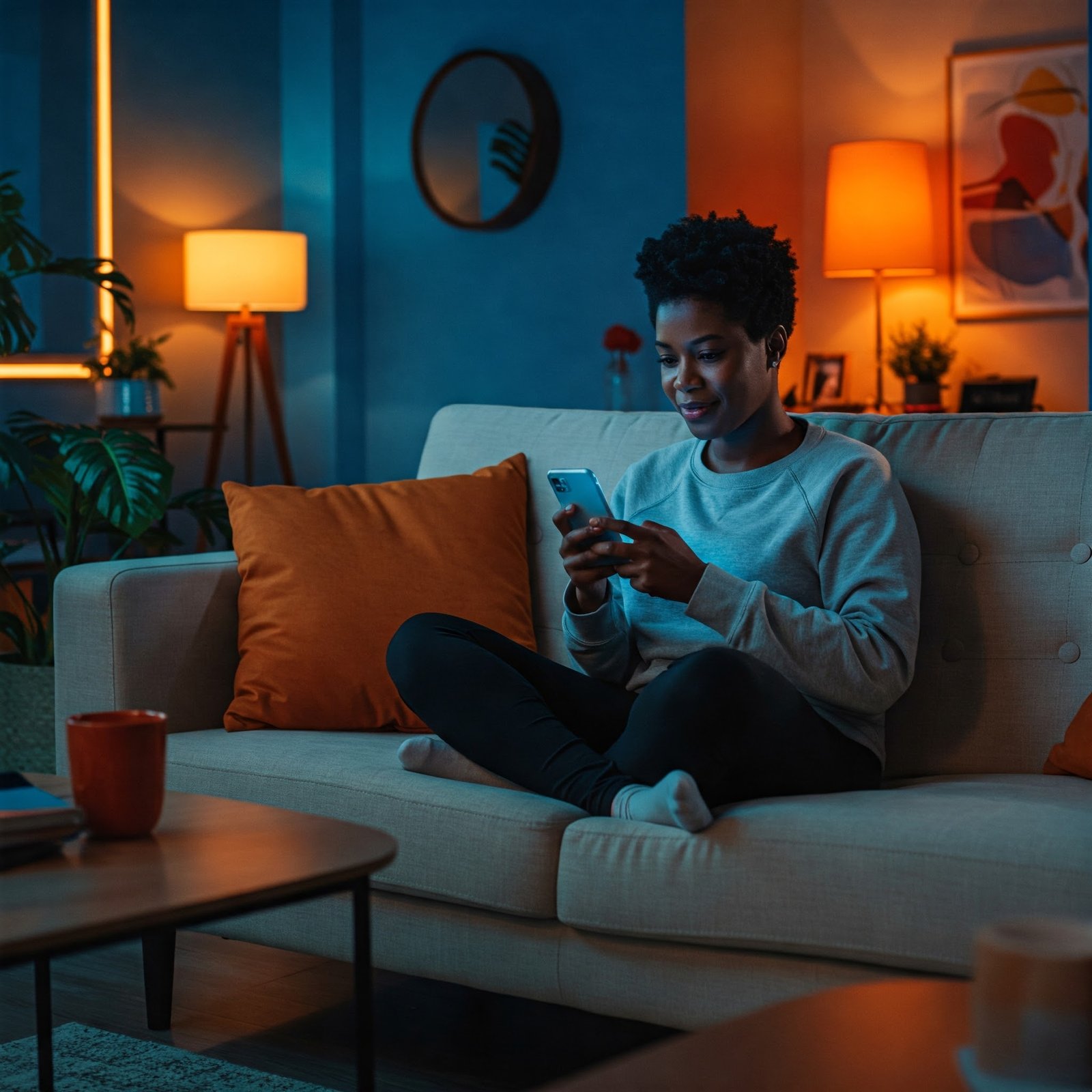 Assinante em casa à noite, usando internet com tranquilidade